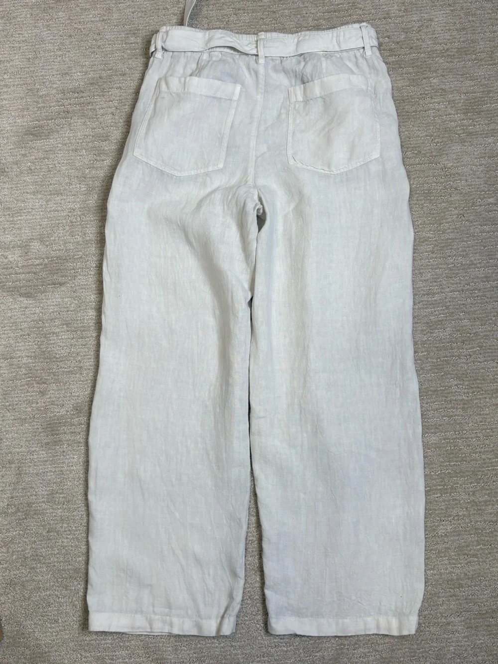 Zara 100% Linen Trouser Pant Womens Size 32 Natural Ecru Belted Wide Leg Pockets